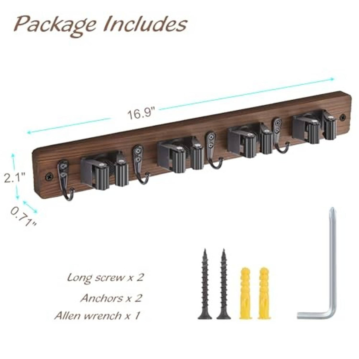 Broom and mop holder kit with wooden mounting rail, screws, anchors, and Allen wrench