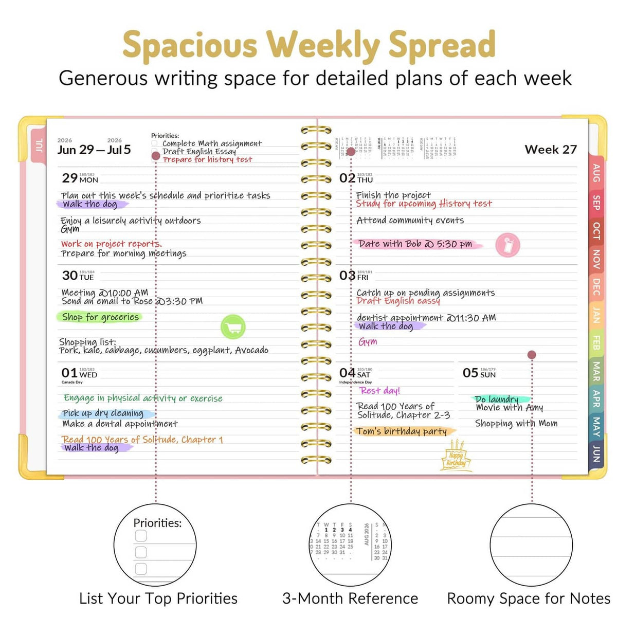 Dated weekly planner spread with writing space, priorities, and spiral binding