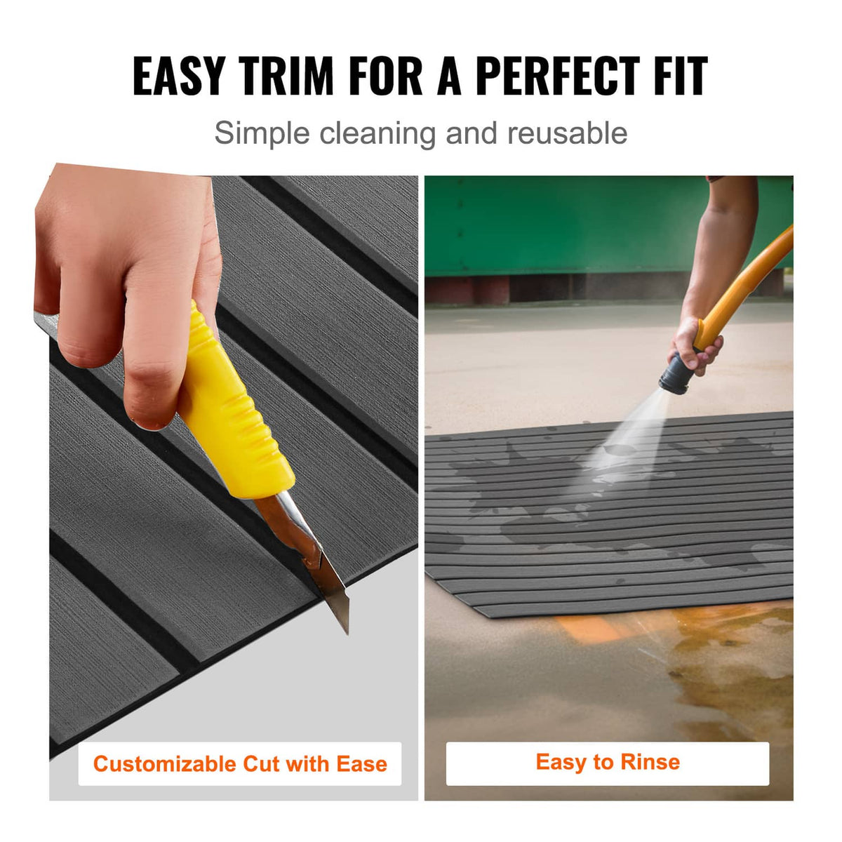 Gray EVA foam deck flooring sheet being cut with a utility knife and rinsed with water