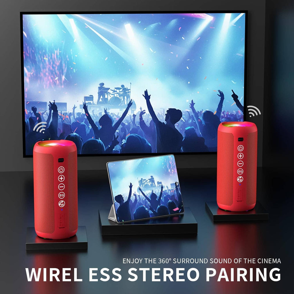Two red Ortizan portable Bluetooth speakers with RGB-lit ends for wireless stereo pairing