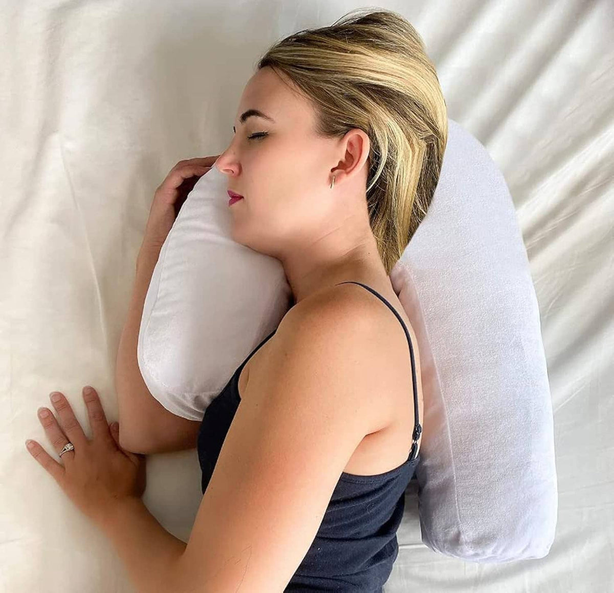 Side sleeper pillow with ear hole, white U-shaped headrest for side sleeping
