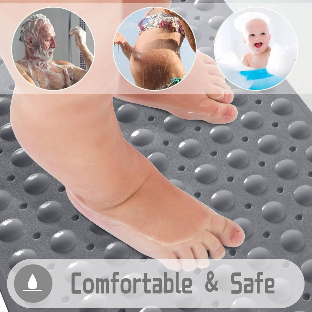 Gray shower mat underfoot with suction cup traction dots and non-slip cushioning
