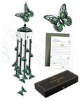 Green butterfly wind chime with hanging metal tubes and decorative butterfly ornaments