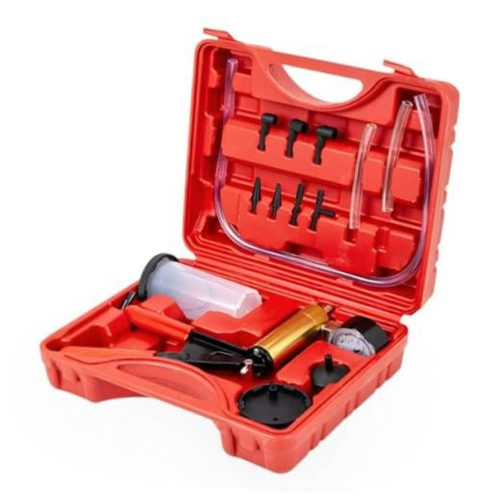 2 in 1 brake bleeder kit open in red case with hand vacuum pump and adapters.