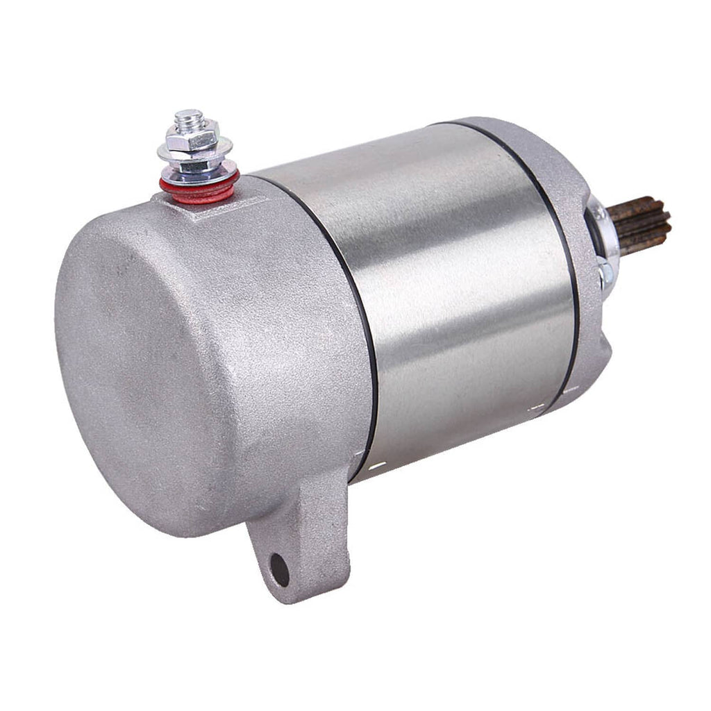 Silver starter motor with front bracket feet and exposed gear-side shaft