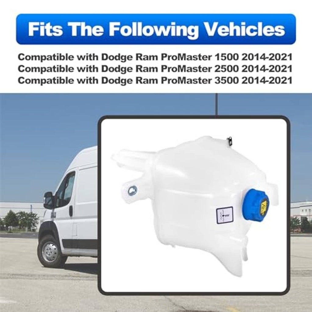 White coolant reservoir tank with blue cap, shown against a vehicle fit graphic