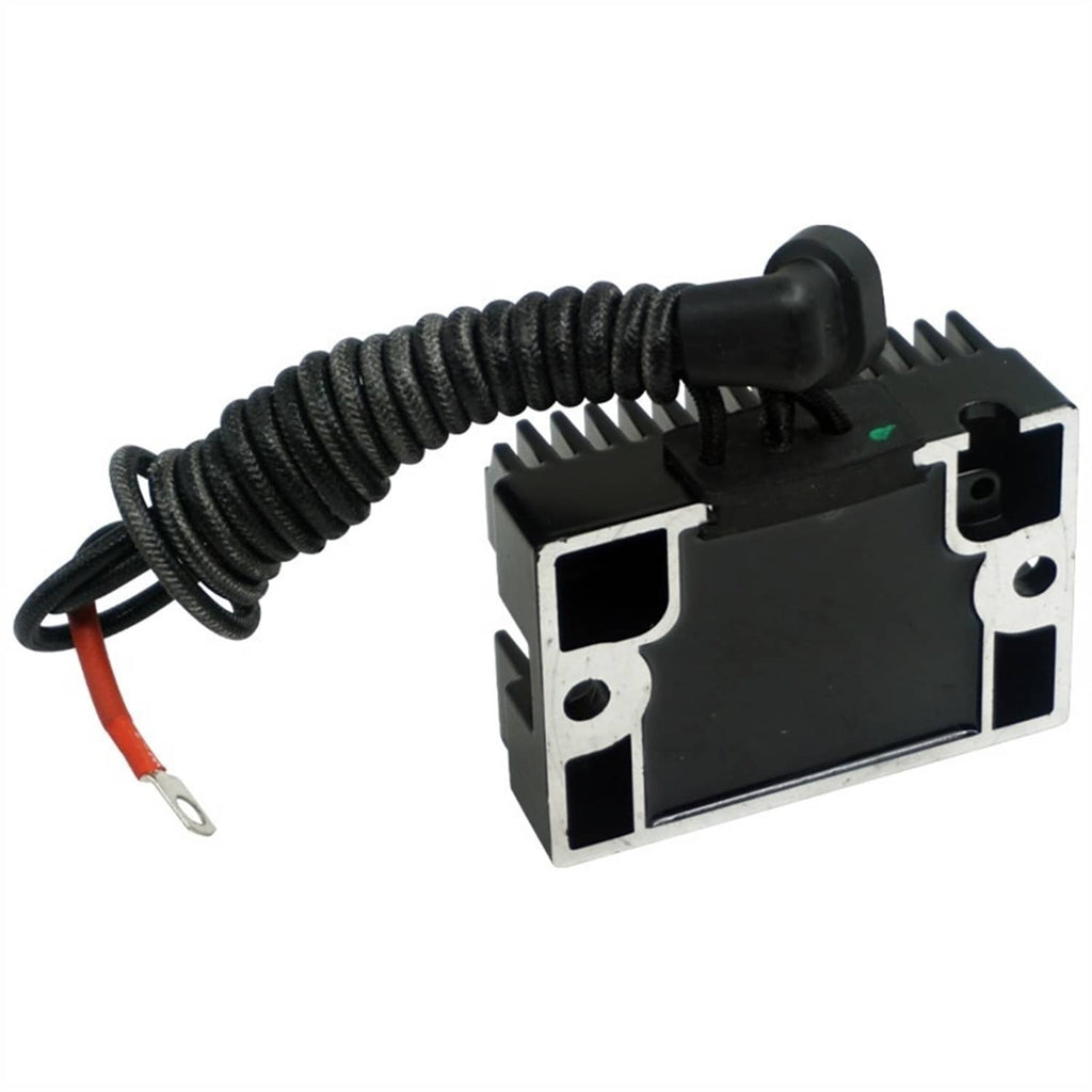 Black voltage regulator rectifier with mounting base, coil cable, and plug connection