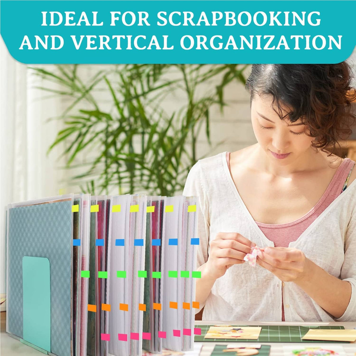 Vertical scrapbook paper organizer with clear frosted pockets and colorful sticky index tabs
