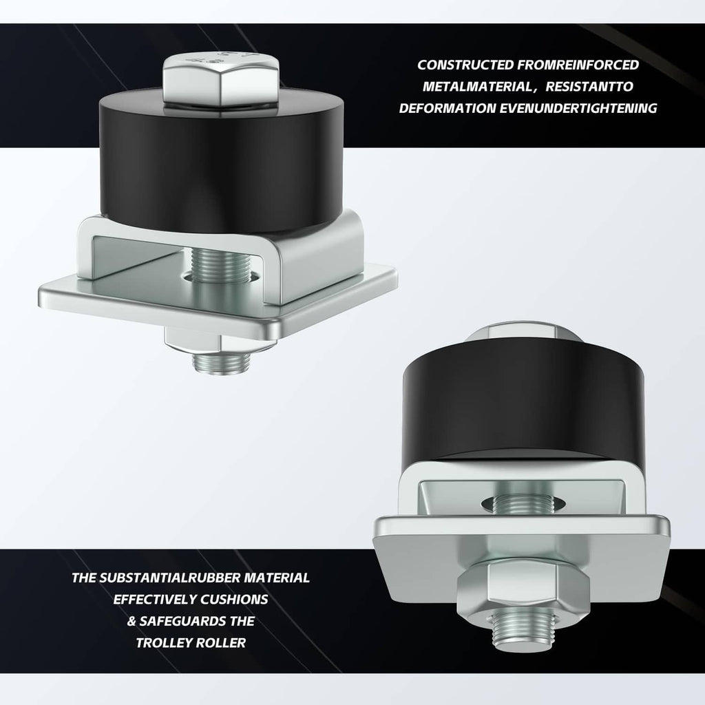 Two trolley roller limit assemblies with black rubber rollers and silver mounting brackets