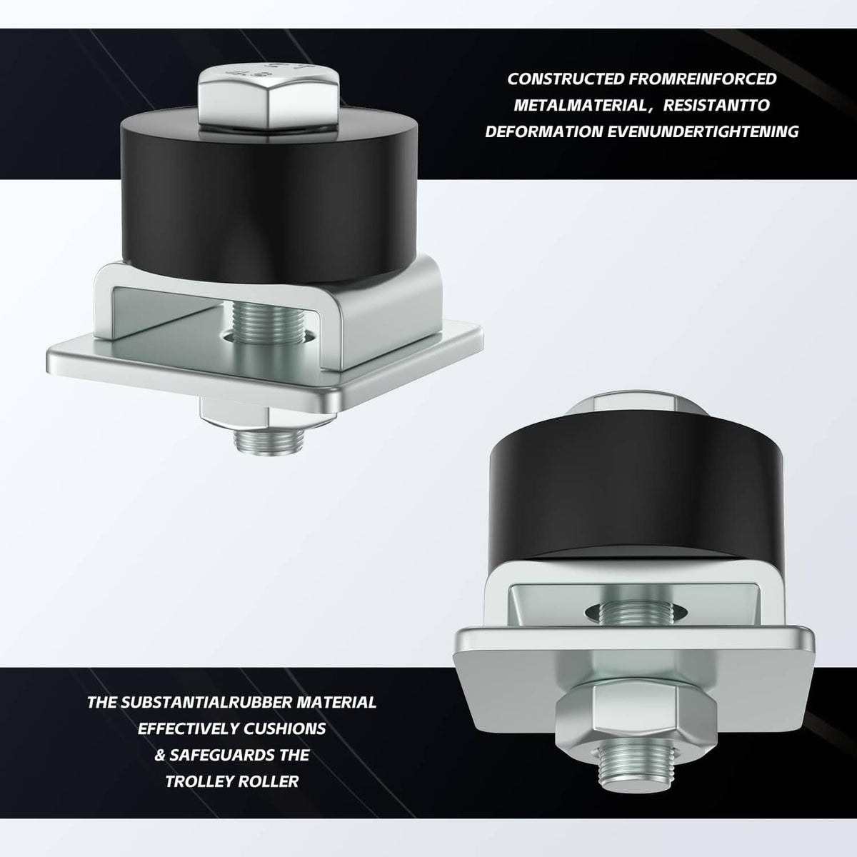 Two trolley roller limit assemblies with black rubber rollers and silver mounting brackets