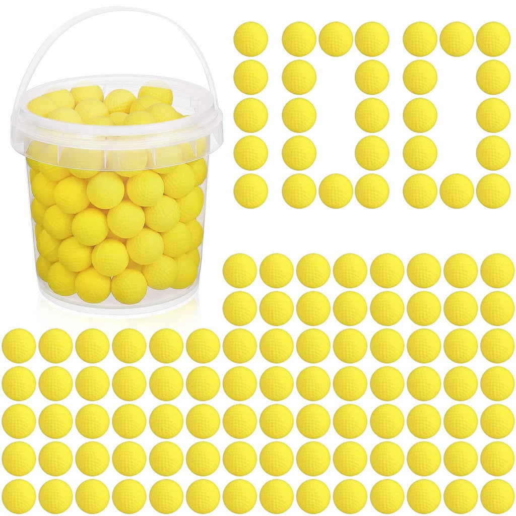 Yellow foam ball ammo refill in clear plastic bucket, 100-count