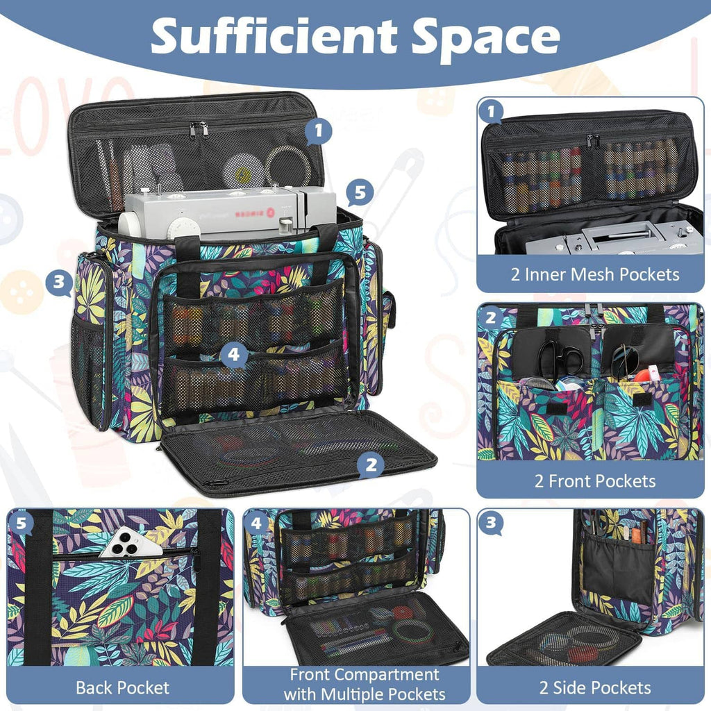 Sewing machine tote open organizer with mesh pockets and front compartments; leaf print fabric.