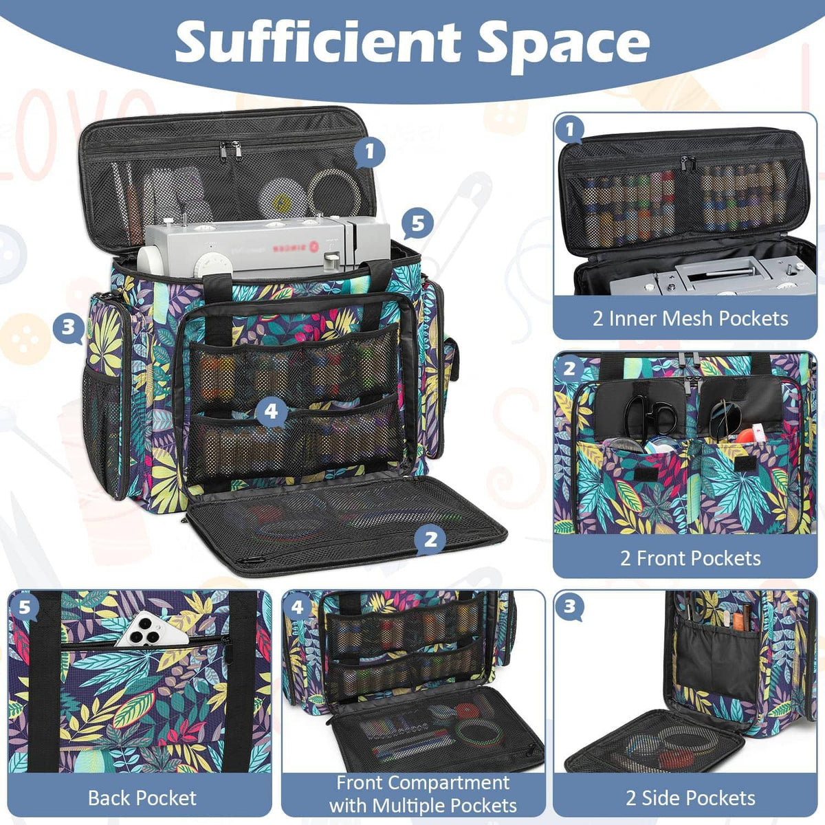 Sewing machine tote open organizer with mesh pockets and front compartments; leaf print fabric.