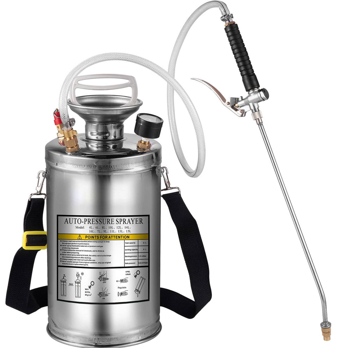 Stainless steel pressure sprayer with separate extension wand and integrated hose