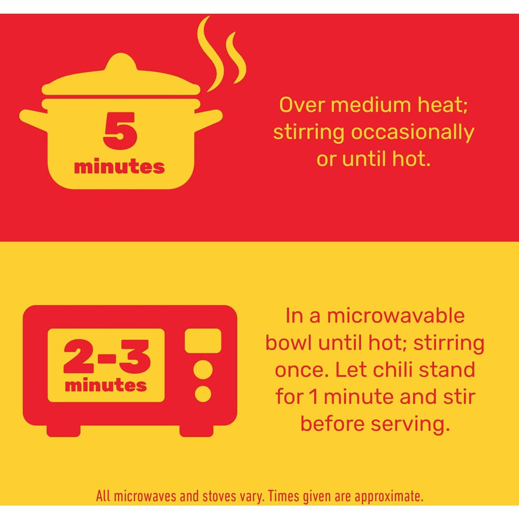 Microwave heating instructions graphic for chili: 5 minutes, 2–3 minutes