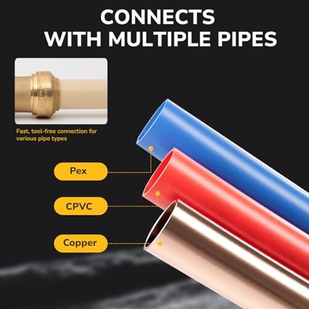 Brass 90-degree pushfit elbow connector attached to red and blue plastic pipes