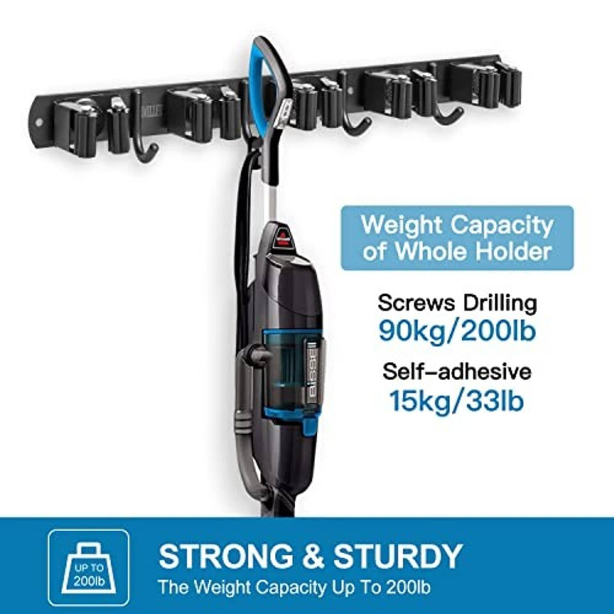 Broom holder wall mount with strong bracket and hooks for up to 200 lb whole holder