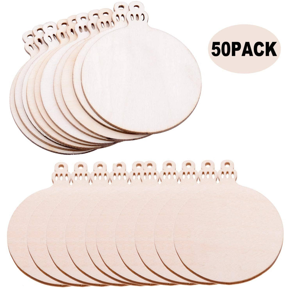 Assorted pack of unpainted round wooden ornament blanks with hanging loops
