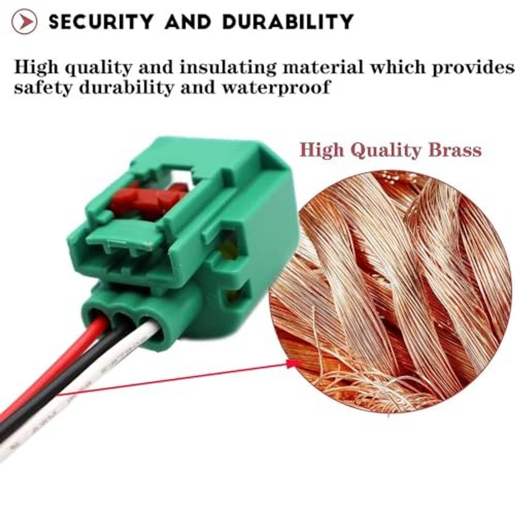 Green headlight connector with red/black wire leads and brass-colored strands