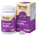 Renzo's Picky Eater kids multivitamin bottle and purple supplement facts box, 60 tabs