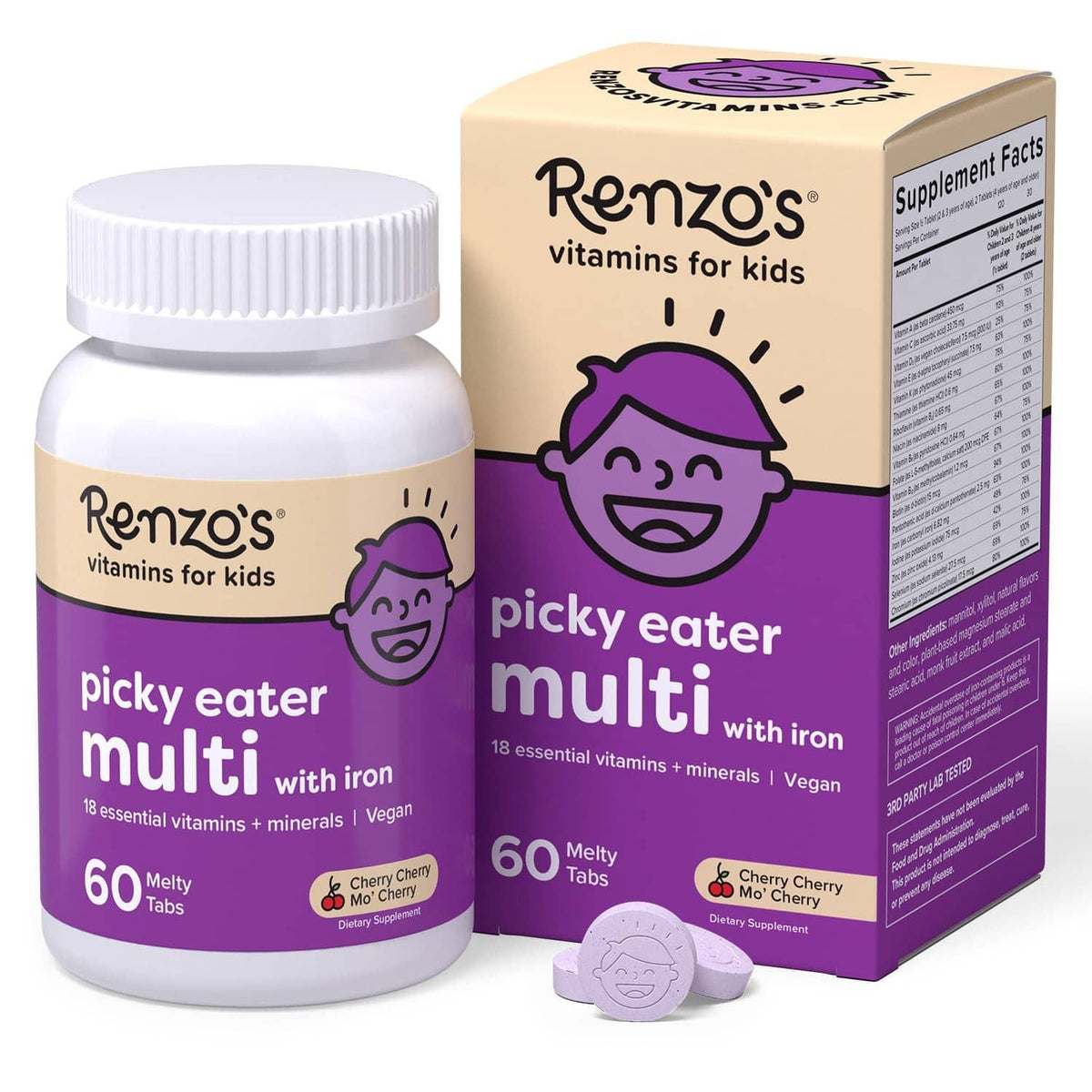 Renzo's Picky Eater kids multivitamin bottle and purple supplement facts box, 60 tabs