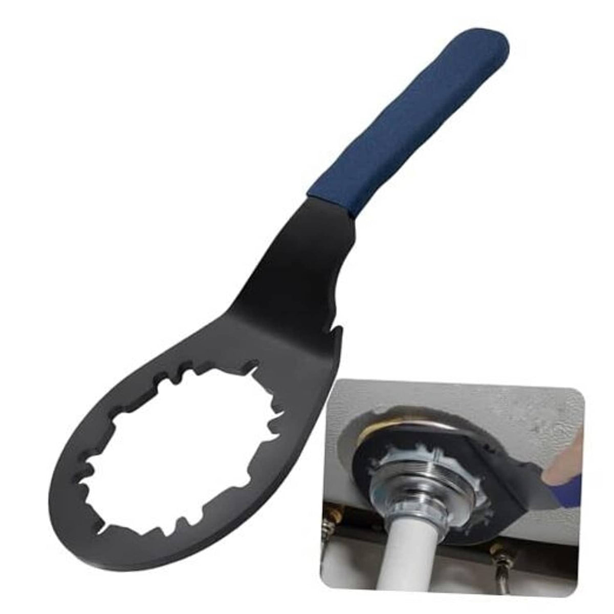 Universal sink drain wrench with dark blue handle and black strainer nut grip head