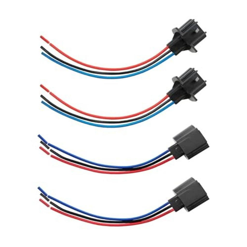 Headlight connector pigtail set with two socket types and red, blue, white wire leads