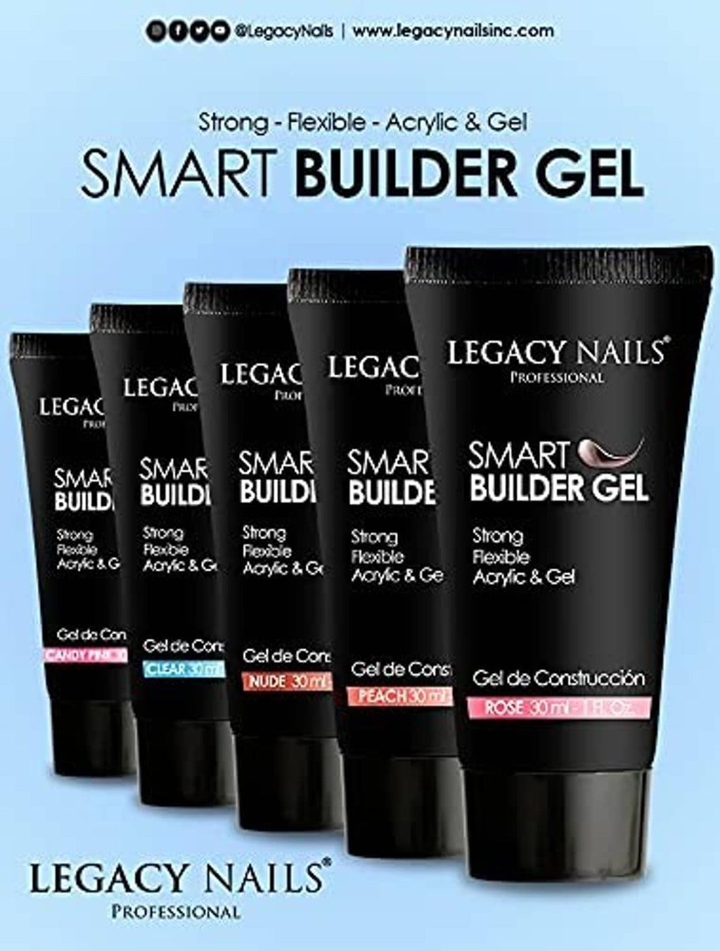 Legacy Nails smart builder gel range display with multiple tubes in candy pink and nude