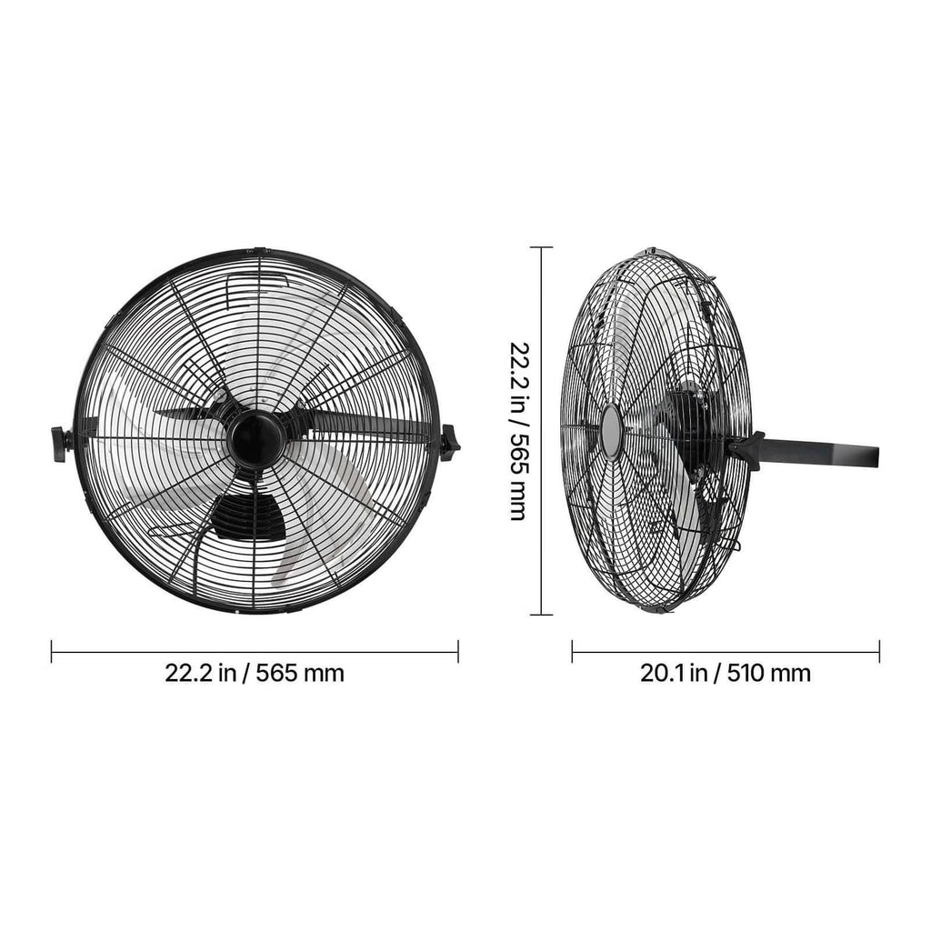 Uimoso wall fan size diagram with front and side measurements and brackets