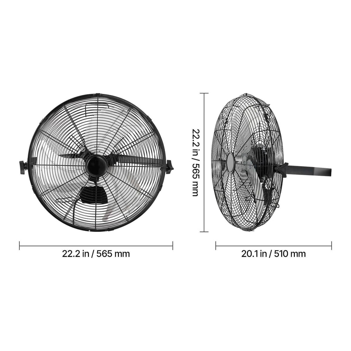 Uimoso wall fan size diagram with front and side measurements and brackets