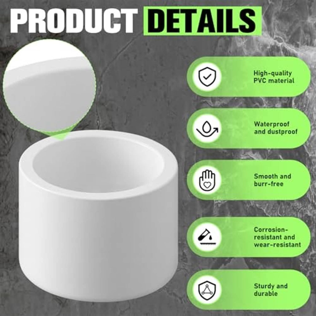 White PVC pipe end cap detail, smooth round cap with open inner end