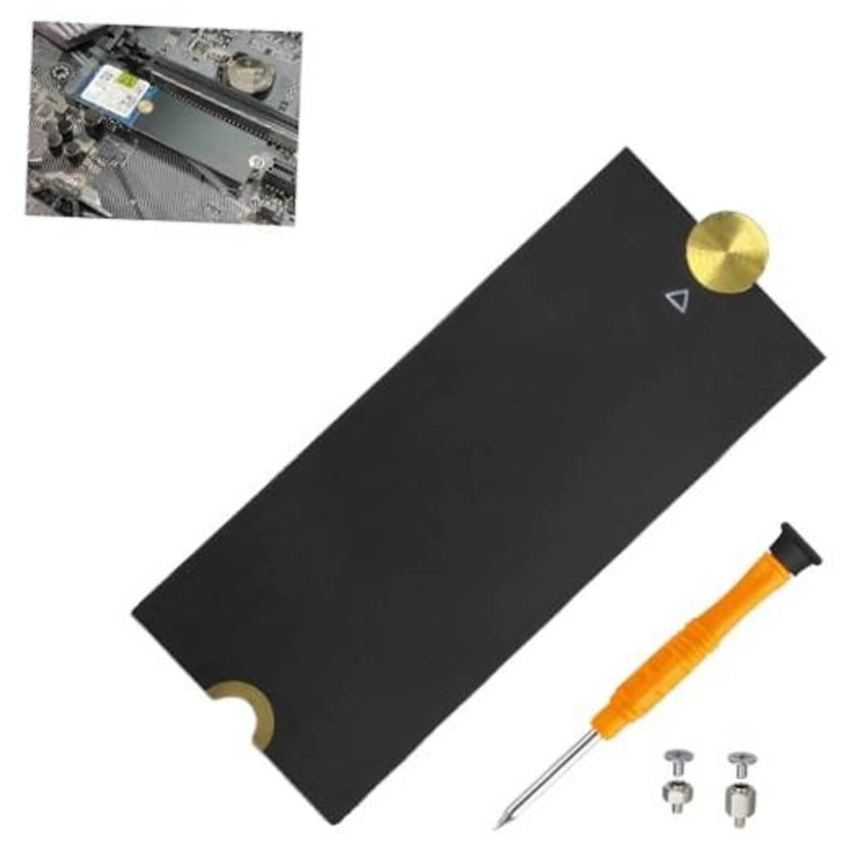 M.2 PCB extension bracket, black plate with bronze mounting tabs