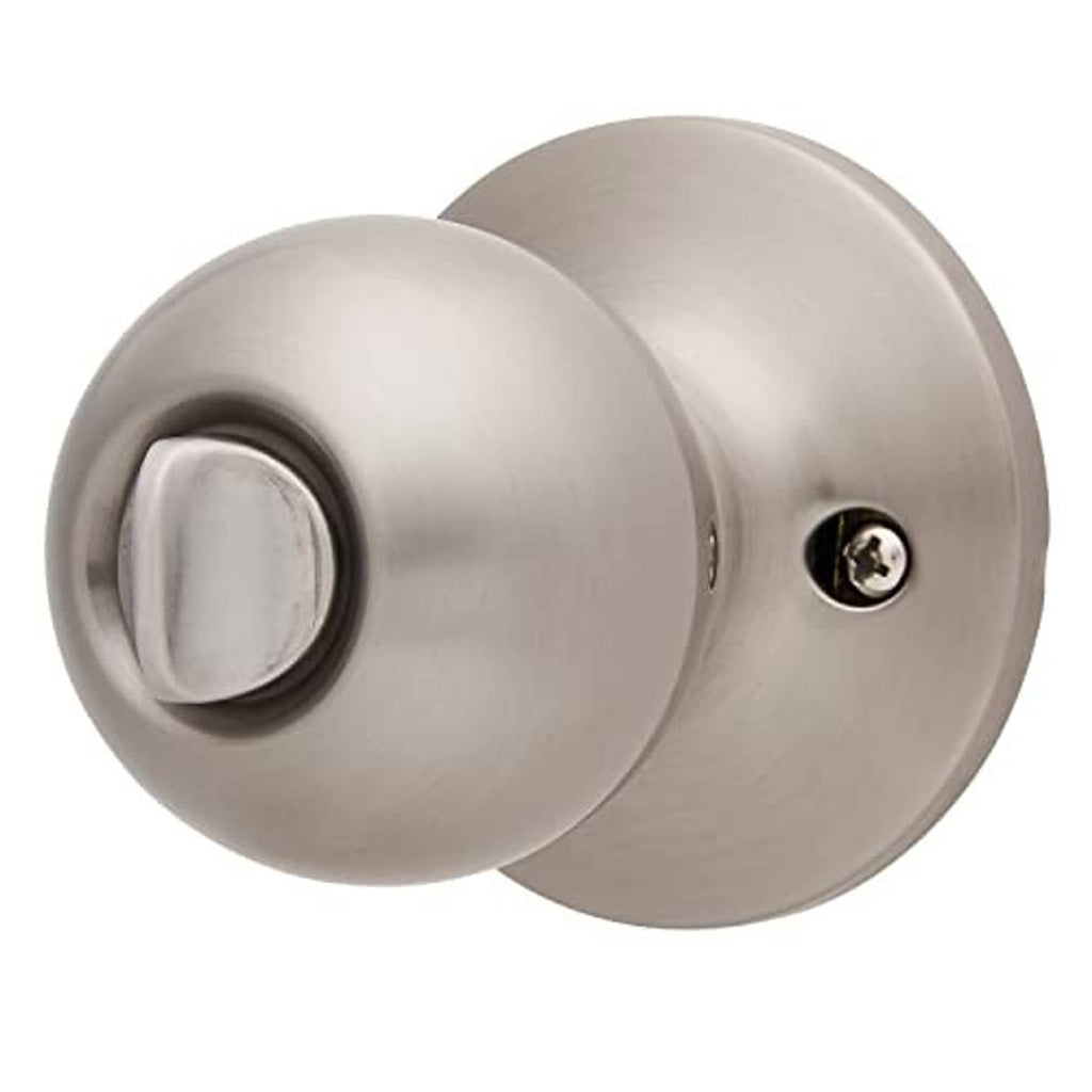 Satin nickel keyed door knob and latch assembly, side profile