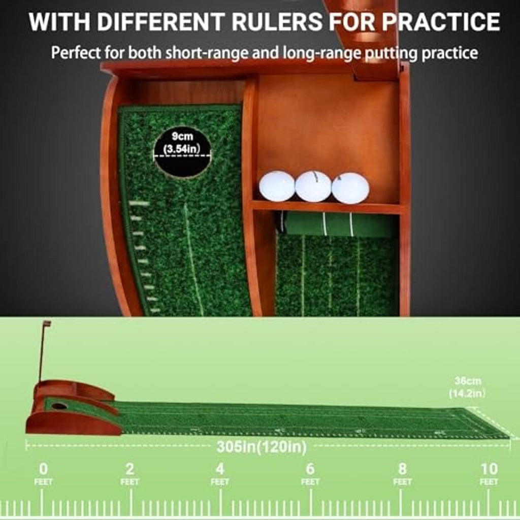 Golf putting mat with ruler markings on green turf and ball slot in wooden base