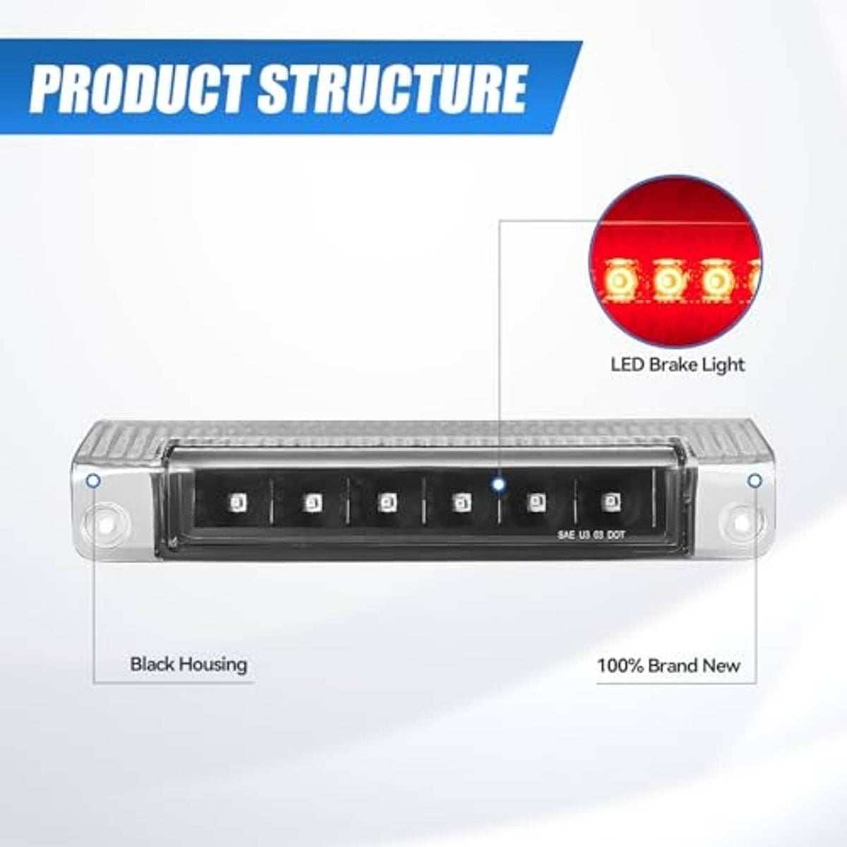 Third brake light LED bar diagram with black housing and clear lens