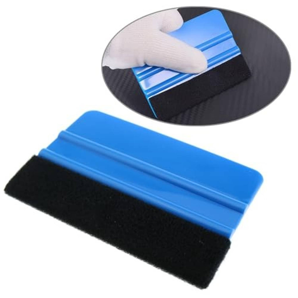 Blue squeegee with black foam pad smoothing material; close-up inset shows edge