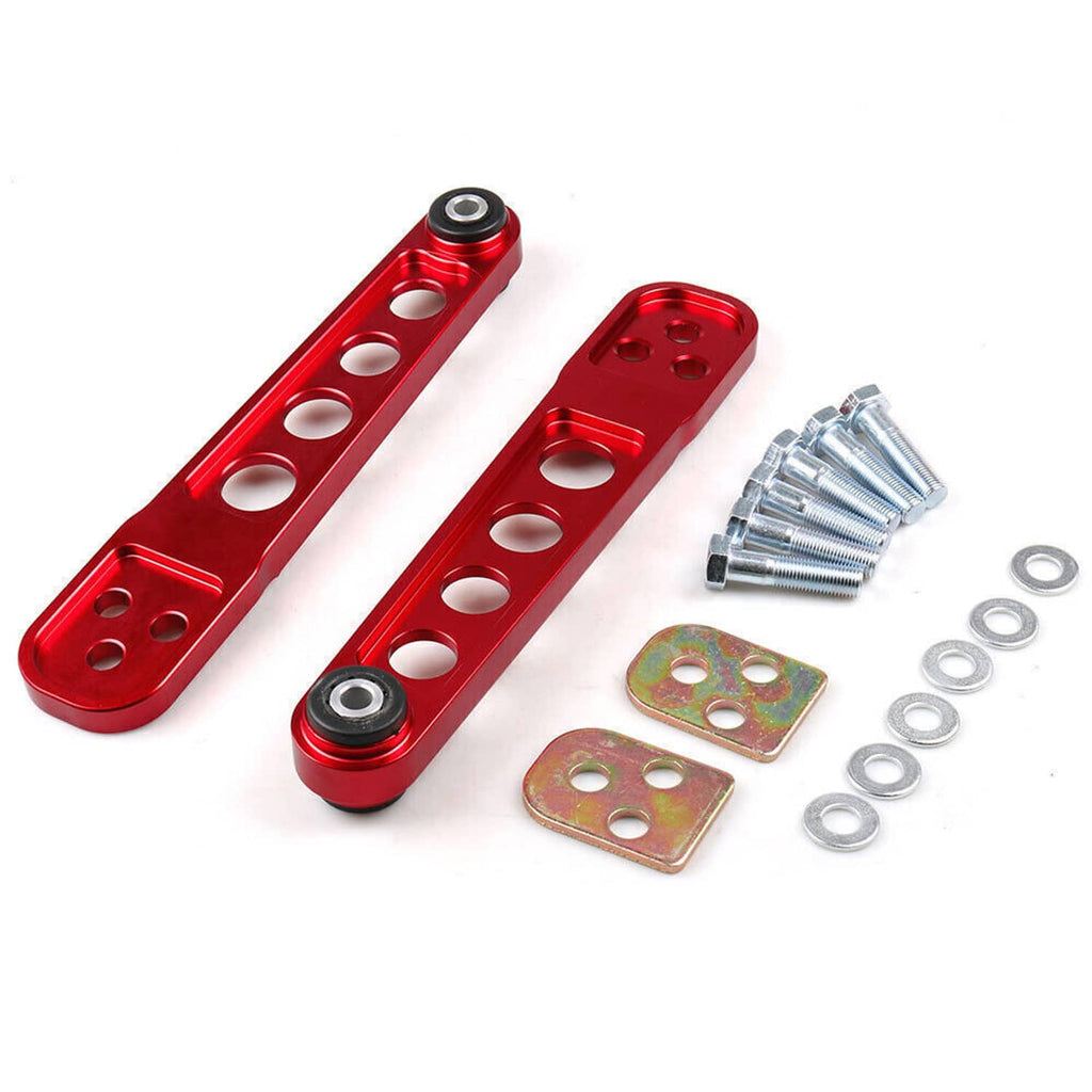 Red subframe brace plates kit with bushings, washers, bolts, and mounting brackets