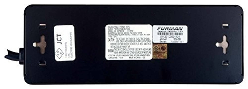 Black power conditioner rear panel with labels and mounting hardware slots