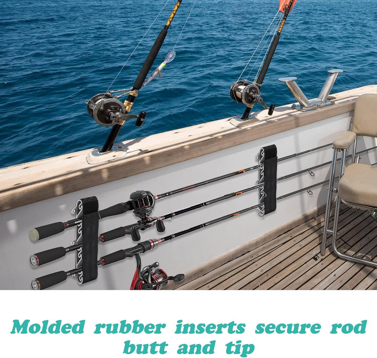 Installed vertical fishing rod holders with black brackets and gray rubber insert cradles