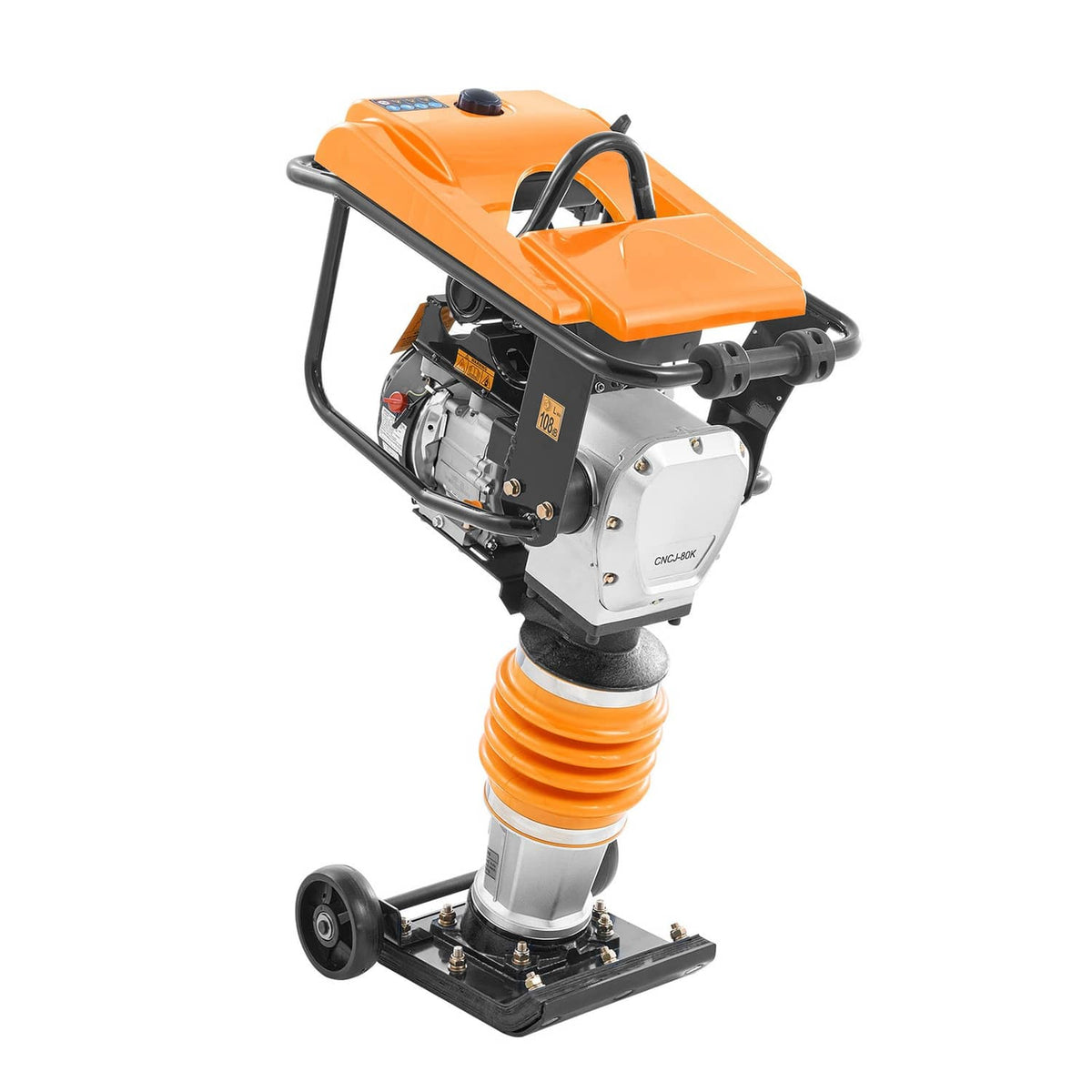 Orange and black vibratory rammer tamper with spring column and flat base plate