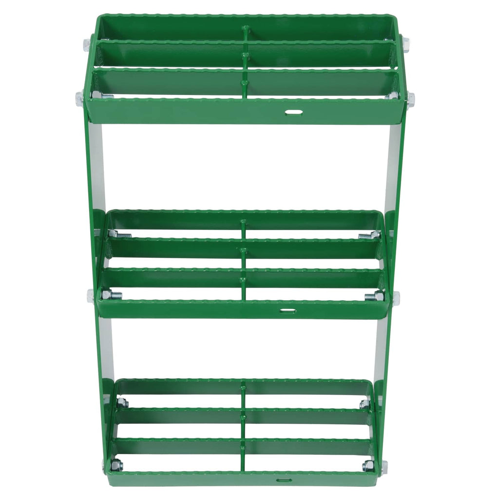 Green tractor step extension frame with open back and slatted step bars, front view