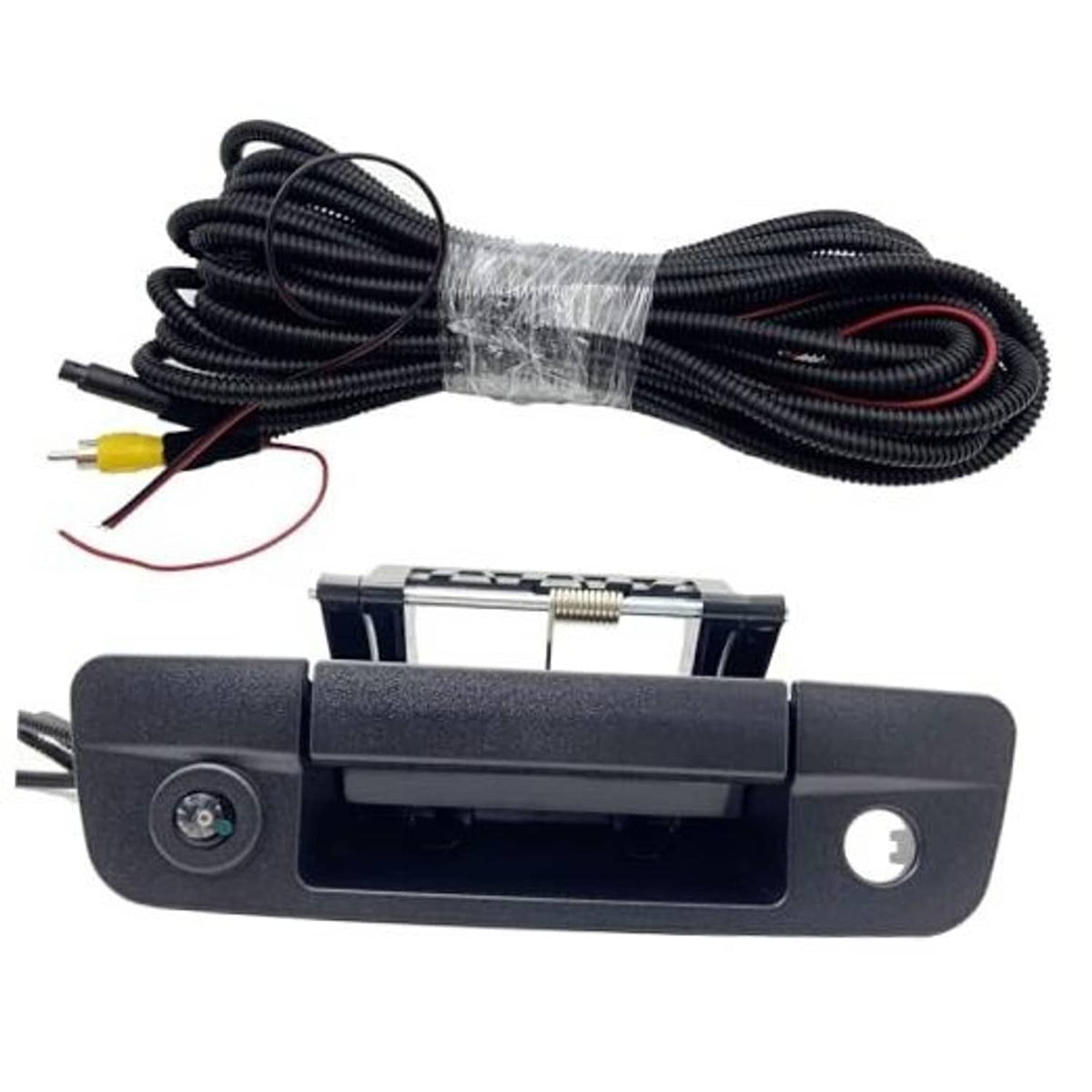 Black tailgate handle backup camera with wiring harness and exposed connector