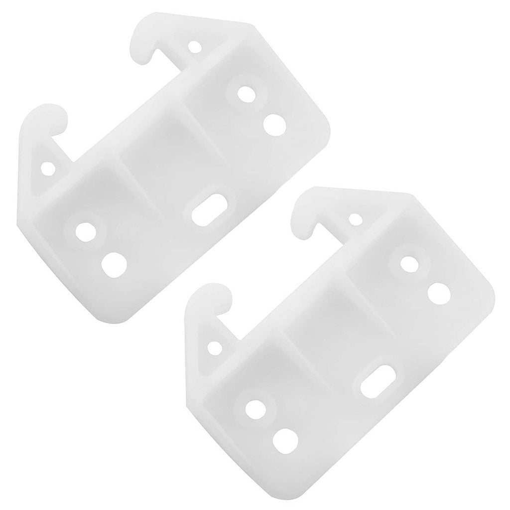 Two white plastic center-mount drawer rail guides with rounded ends and mounting holes