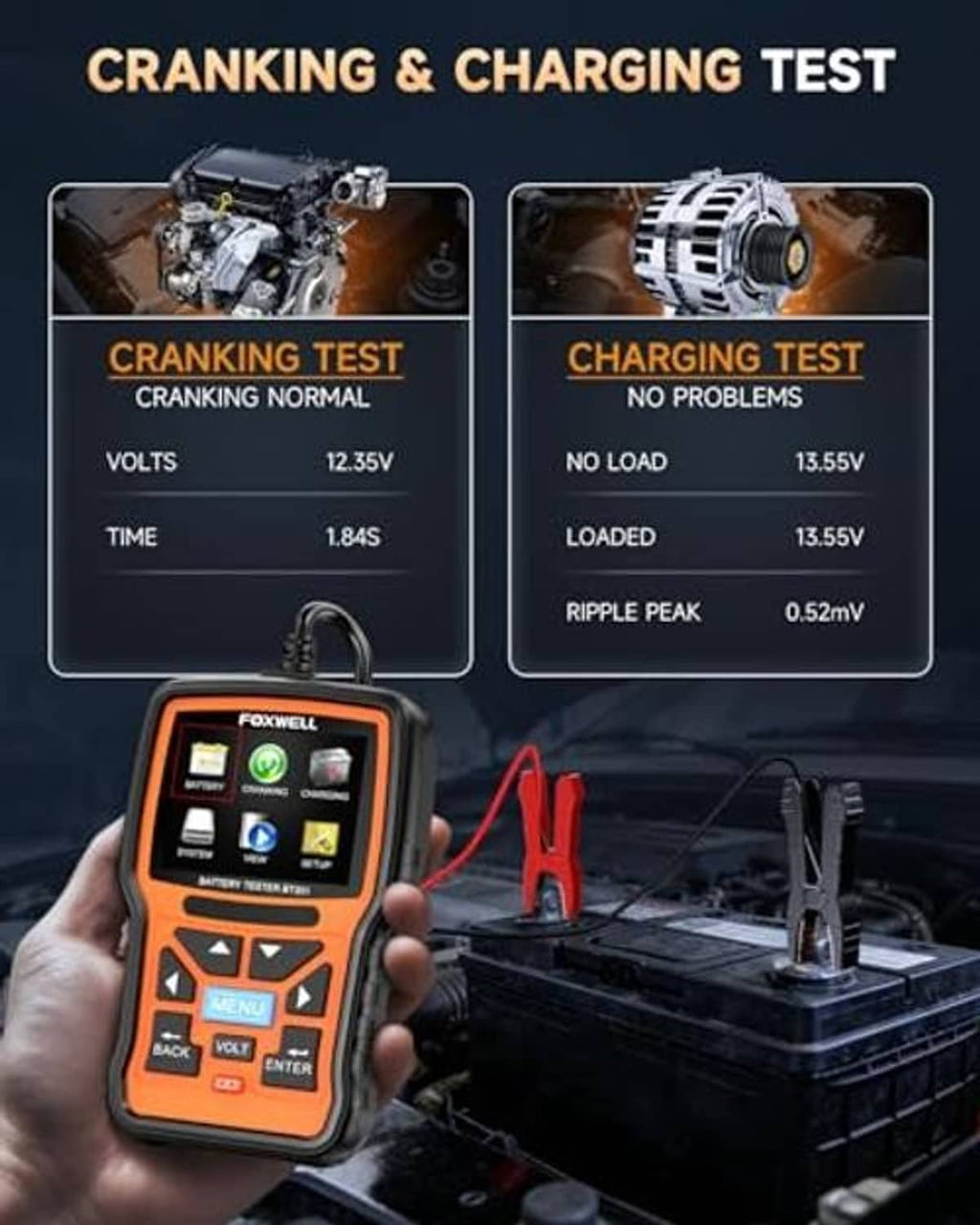 Orange 12V battery tester held near a car battery, with red and black clamp leads attached