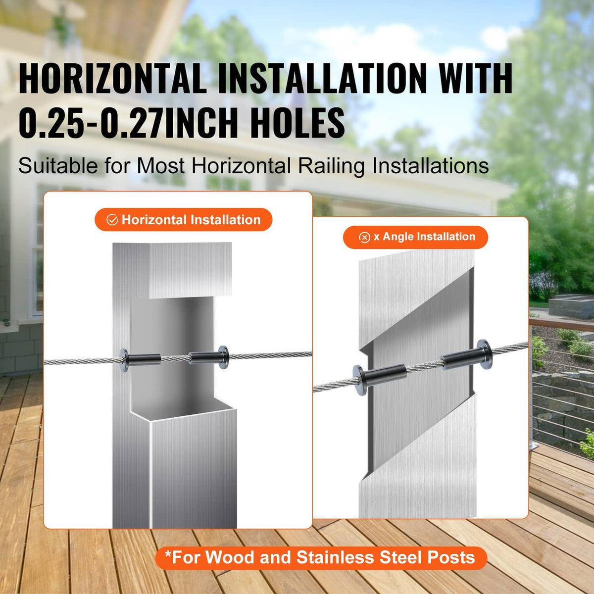 Wire rope protector sleeves shown on posts for horizontal railing installation, infographic