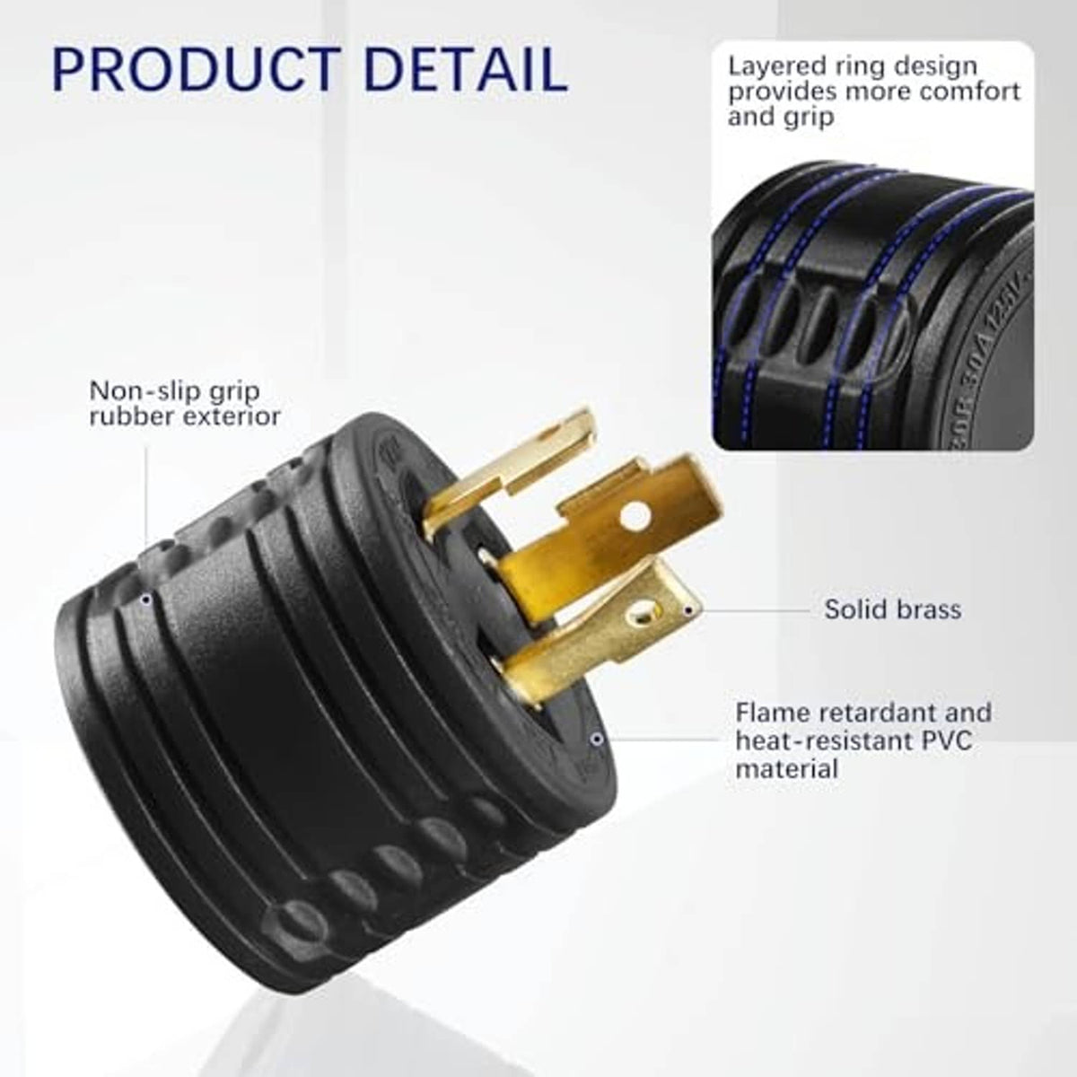 Black adapter plug with brass prongs and non-slip ribbed housing