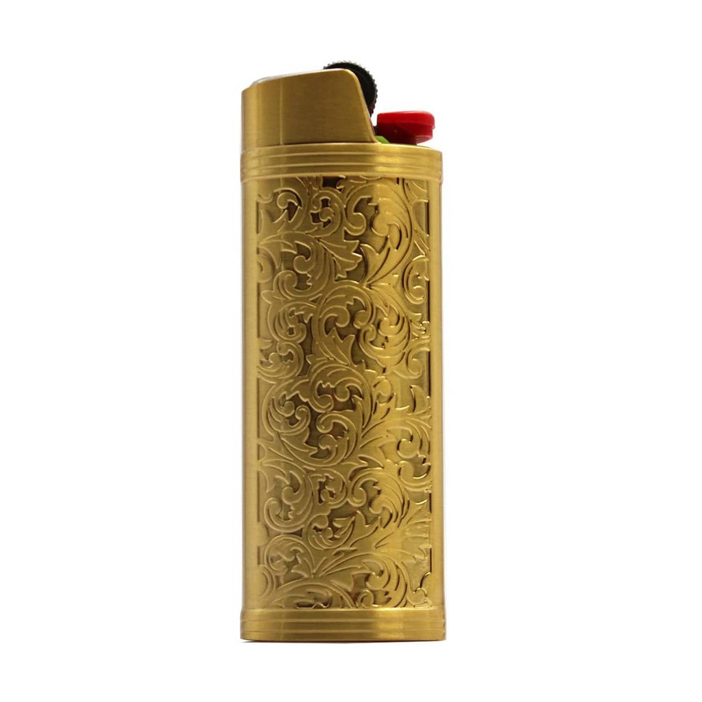 Gold metal lighter case with vintage floral embossing and flip top