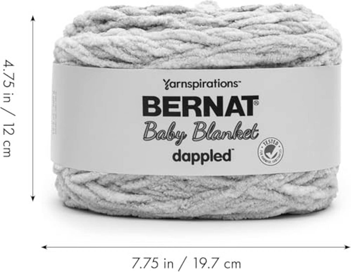 Gray dappled baby blanket yarn skein with size dimensions and weight shown