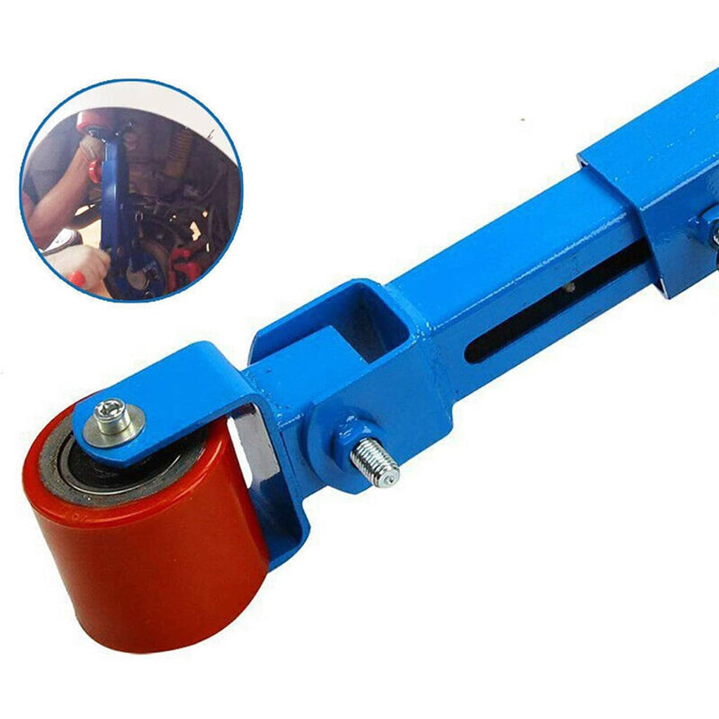 Blue wheel arch roller with red roller wheel and mounting bracket