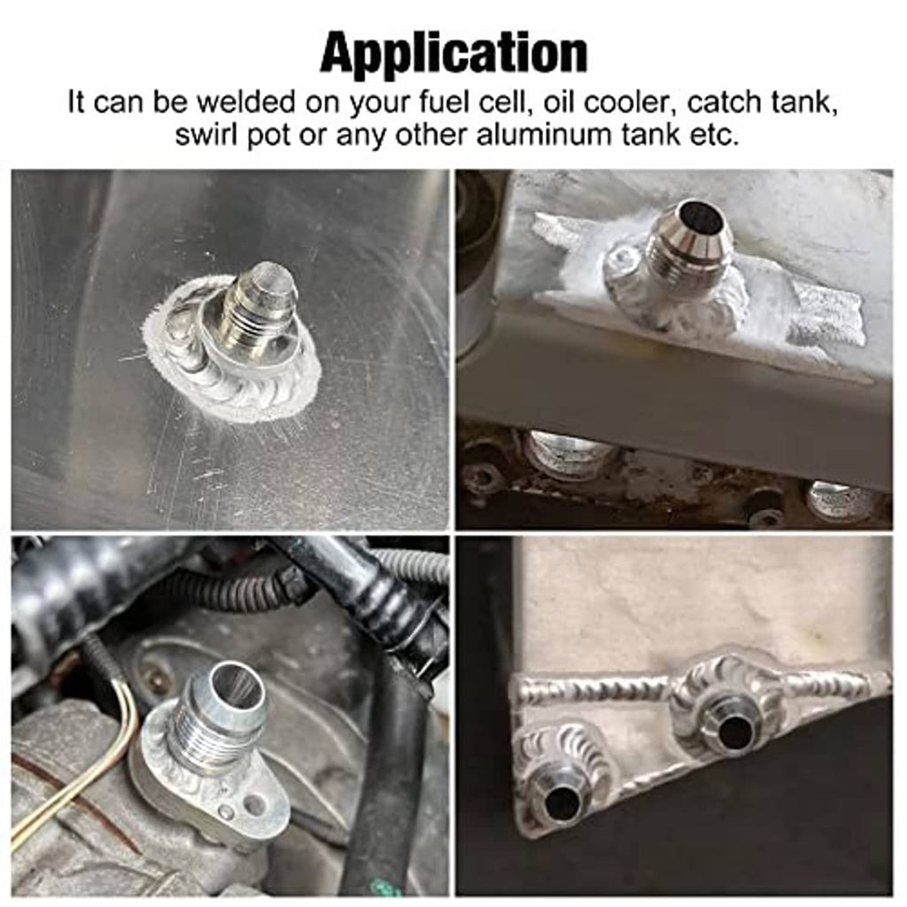 Bung fitting welded into an aluminum tank opening, shown from multiple installation angles